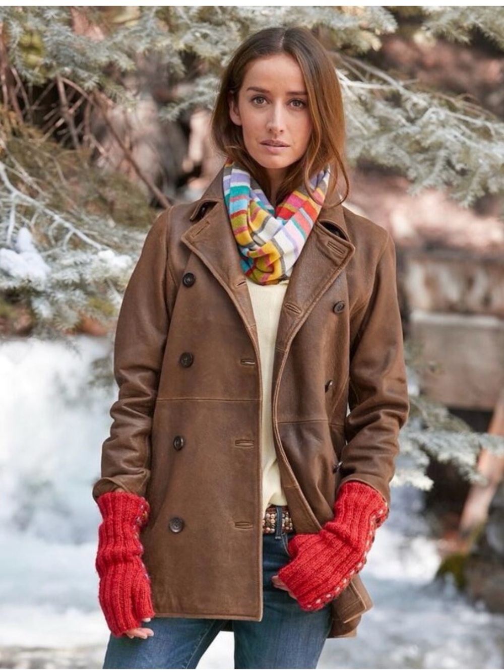 Sundance Genuine Leather Weathered Mid length Peacoat Jacket Brown Size S b1
